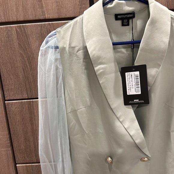 Sage Green Button Up Organza Sleeve Blazer Dress - Picture 4 of 5